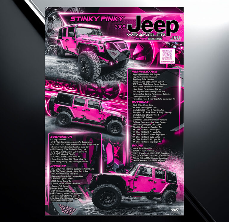 Custom show board design for a pink 2008 Jeep Wrangler JKU with vehicle specs and modification list