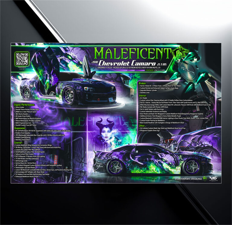 Custom car show board design for 2010 Maleficent themed Chevrolet Camaro RS with vehicle specs and modification list