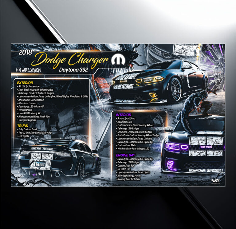 Custom car show board design for 2018 dodge charger Venom themed with vehicle specs and modification list