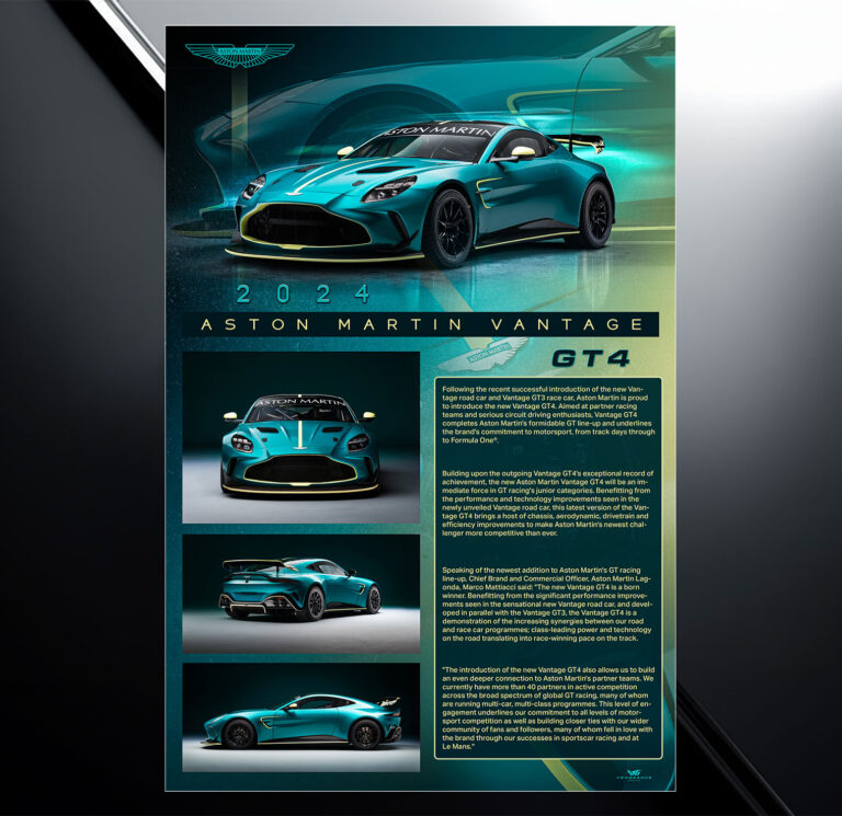 Showroom show board design for 2024 aston martin vantage with vehicle specs and modification list