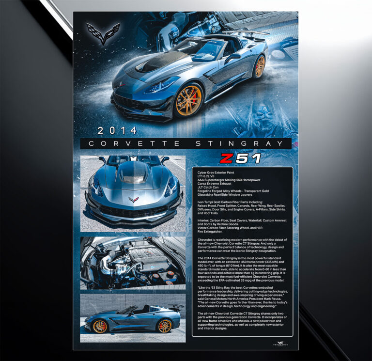 Showroom show board design for 2014 corvette stingray z51 with vehicle specs and modification list