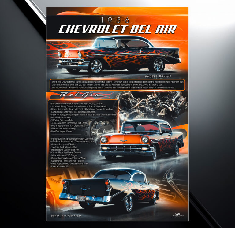 Custom car show board design for 1956 chevrolet belair with flames and with vehicle specs and modification list