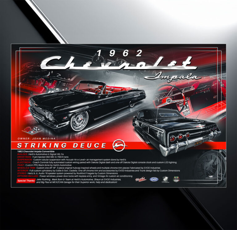 Custom car show board design for black 1962 chevrolet impala with vehicle specs and modification list