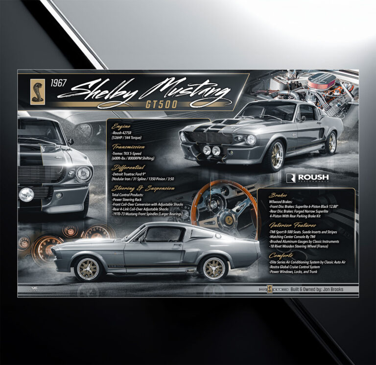 Custom show board design for 1967 shelby mustang gt500 Eleanor with vehicle specs and modification list