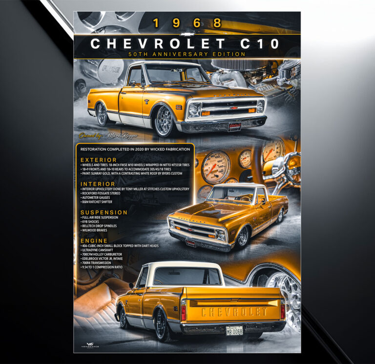 Custom show board design for 1968 chevrolet c10 yellow with vehicle specs and modification list
