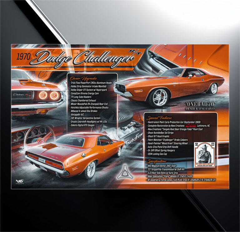 Custom show board design for an Orange 1970 Dodge Challenger RT with vehicle specs and modification list