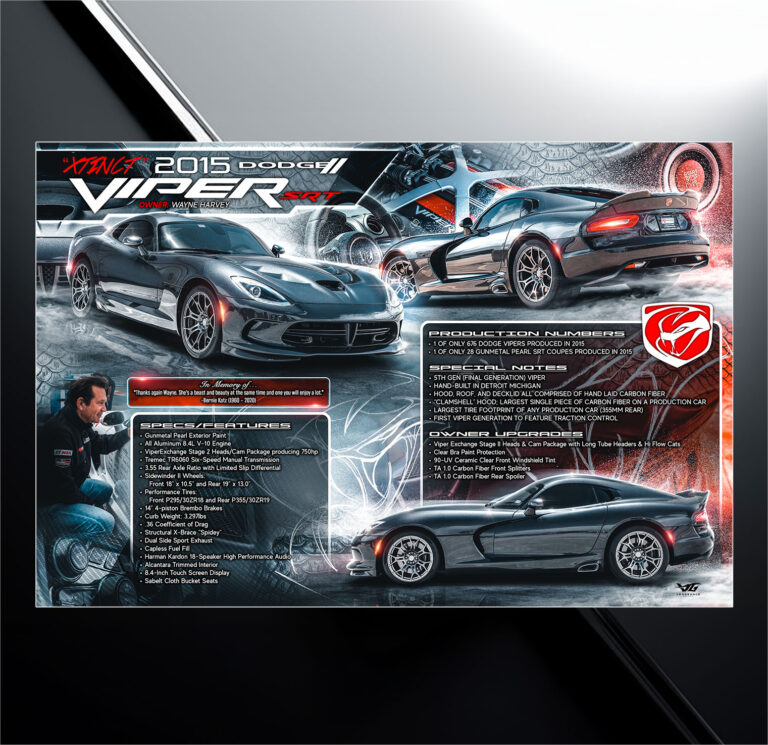 Custom show board design for 2015 dodge viper with vehicle specs and modification list