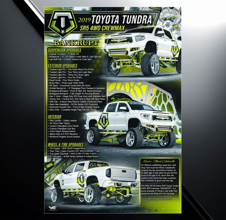 Custom show board design for 2019 Toyota Tundra SR5 4WD Crewmax with vehicle specs and modification list