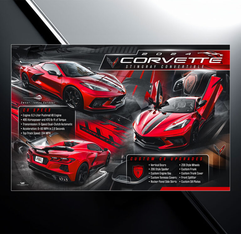 Custom car show board design for 2024 red Corvette stingray with vehicle specs and modification list