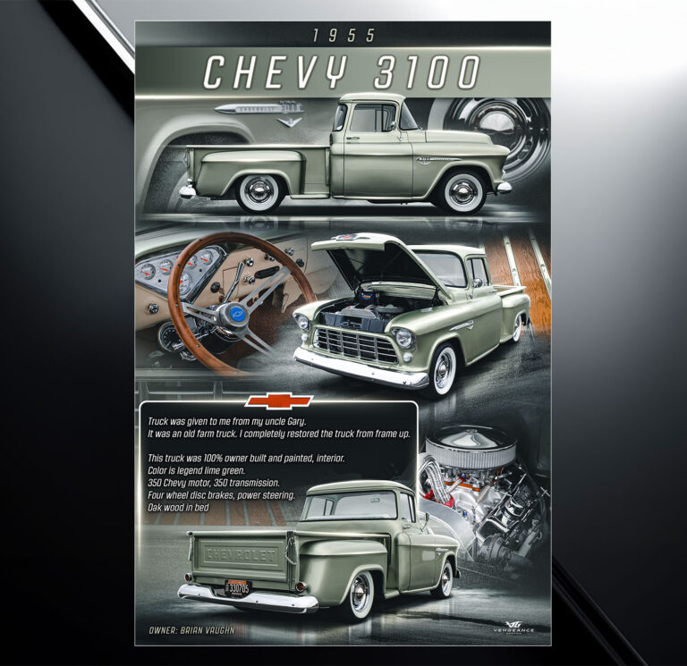 Custom car show board design for 1955 chevy 300 olive with vehicle specs and modification list