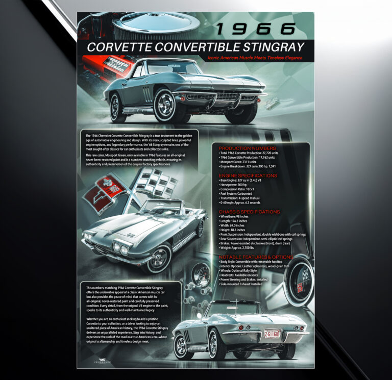 Custom show board design for classic 1966 Corvette stingray with vehicle specs and modification list