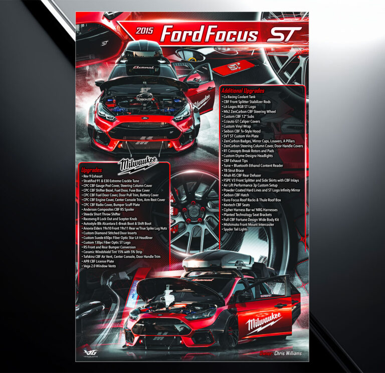 Custom show board design for 2015 red Ford Focus ST with vehicle specs and modification list