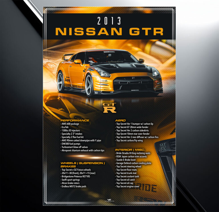 Ignition car show board design for 1993 gold Nissan GTR with vehicle specs and modification list
