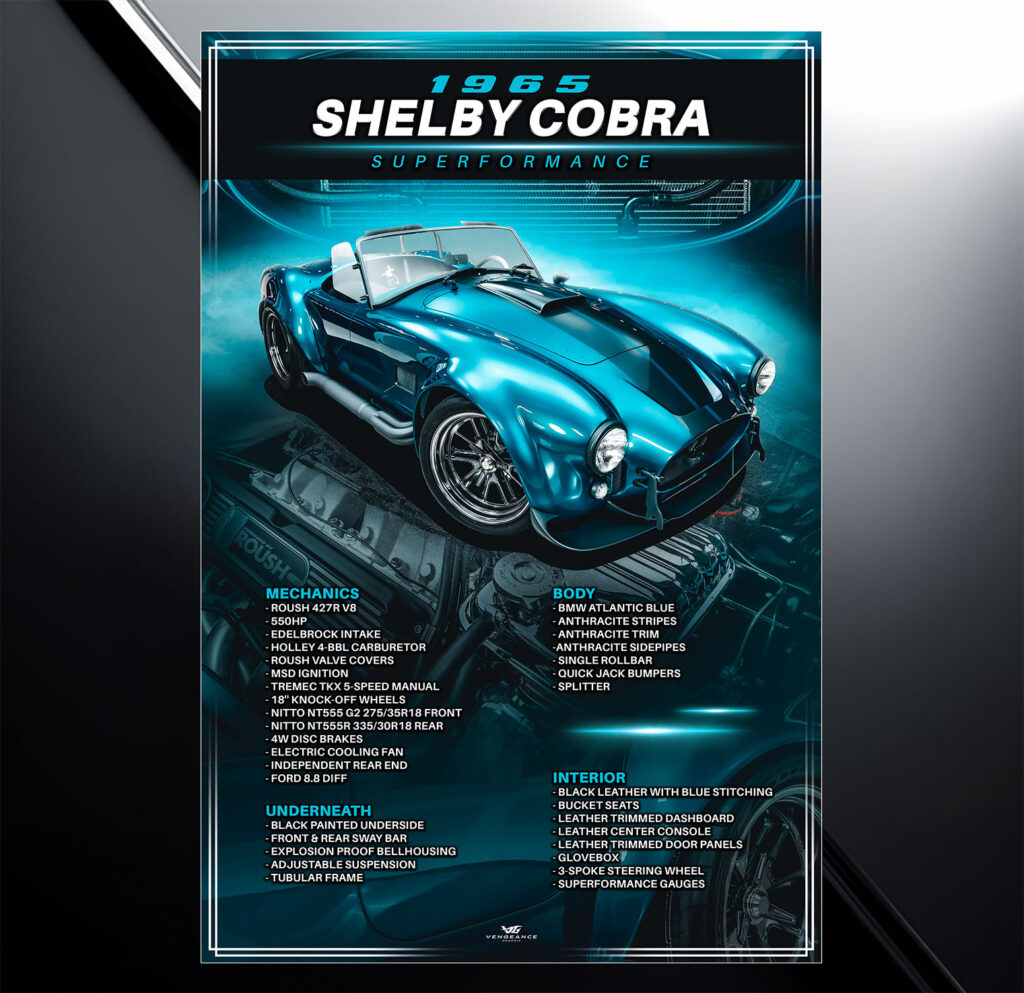 Showroom show board design for 1965 Shelby Cobra Superformance with vehicle specs and modification list