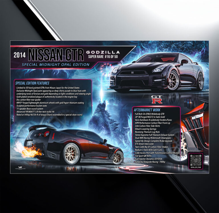 Custom car show board design for 2014 Nissan GT-R Midnight Opal Edition with vehicle specs and modification list