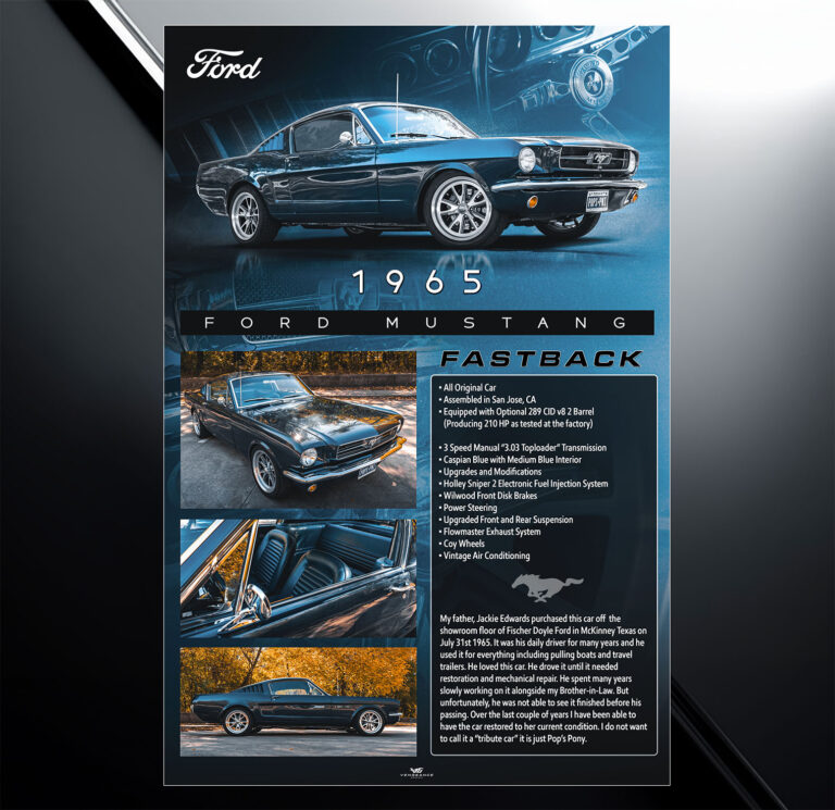 Showroom show board design for 1965 ford mustang fastback with vehicle specs and modification list