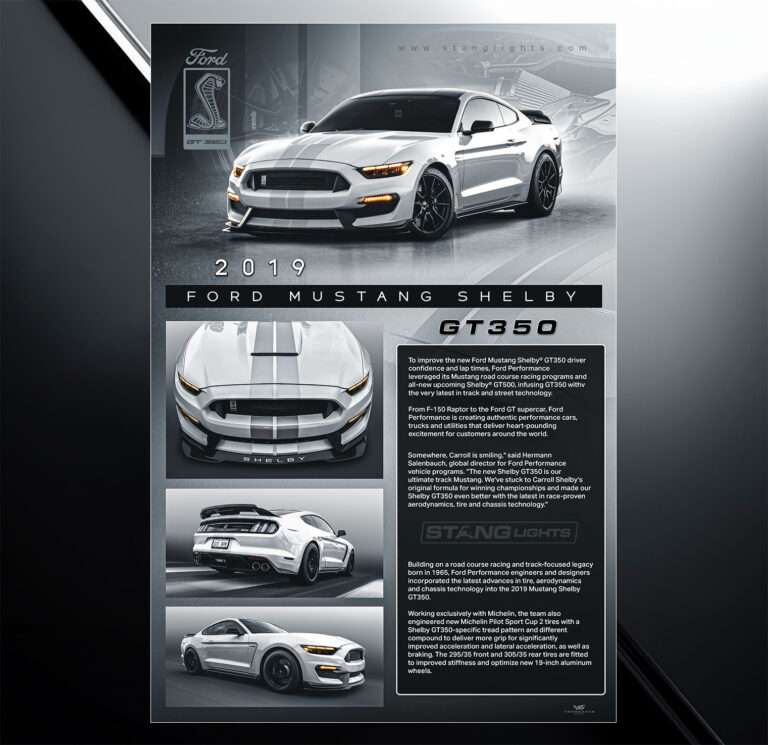Showroom show board design for 2019 ford mustang shelby gt350 with vehicle specs and modification list
