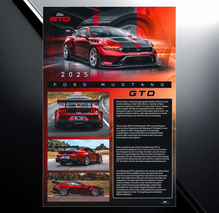 Showroom show board design for 2025 ford mustang gtd with vehicle specs and modification list