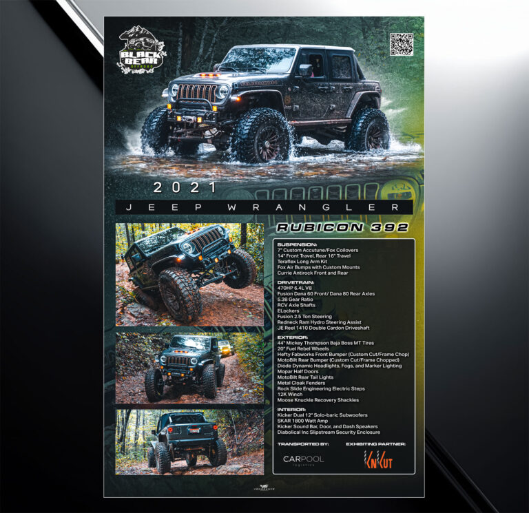 Showroom show board design for 2021 jeep wrangler offroad with vehicle specs and modification list