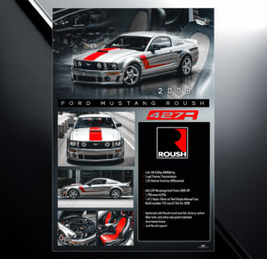 Showroom show board design for 2008 ford mustang 427r with vehicle specs and modification list