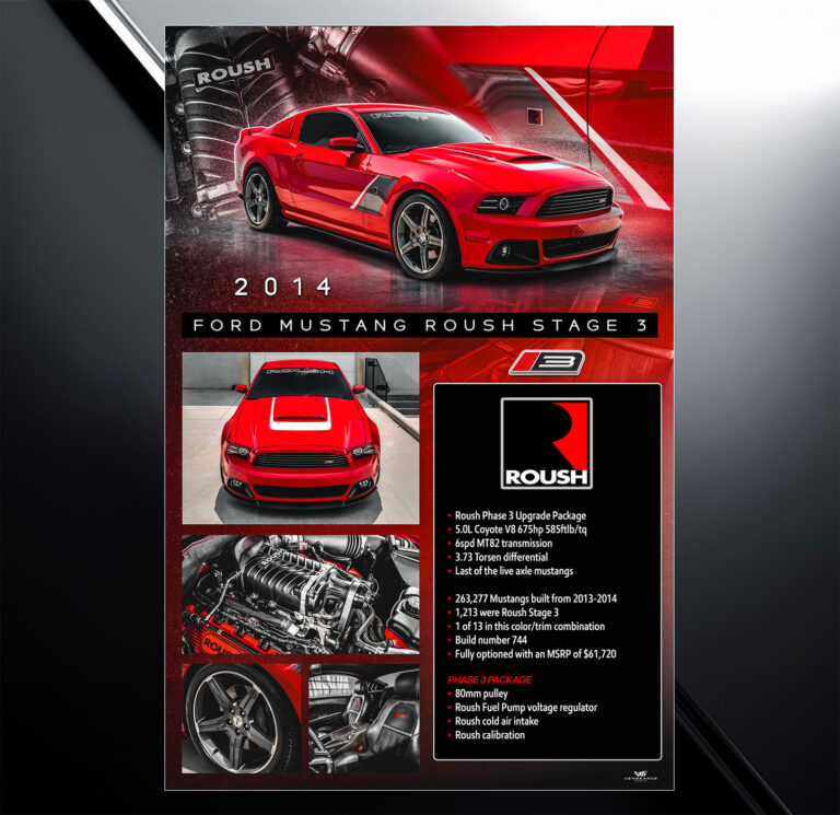Showroom show board design for 2014 ford mustang stage 3 with vehicle specs and modification list