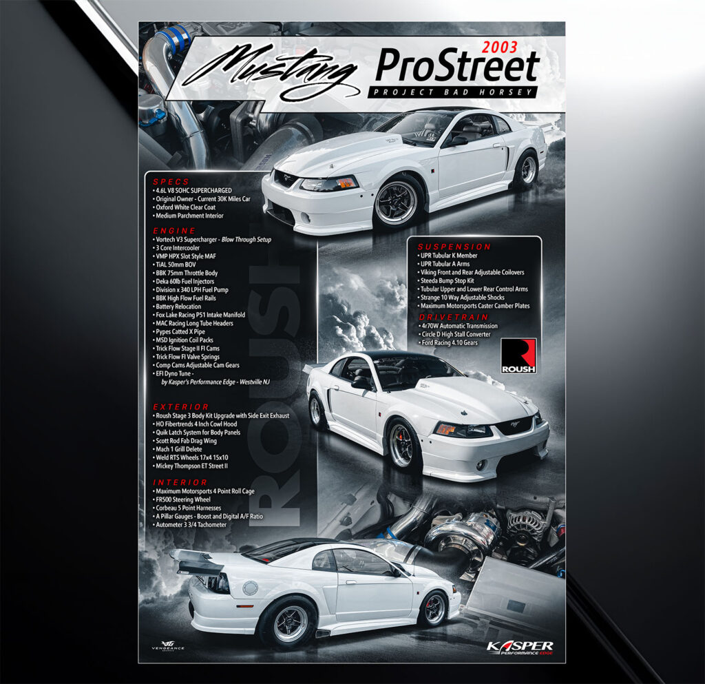 Custom car show board design for 2003 Ford Mustang Prostreet and with vehicle specs and modification list