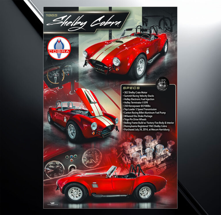 Custom car show board design for 1965 Shelby Cobra with vehicle specs and modification list