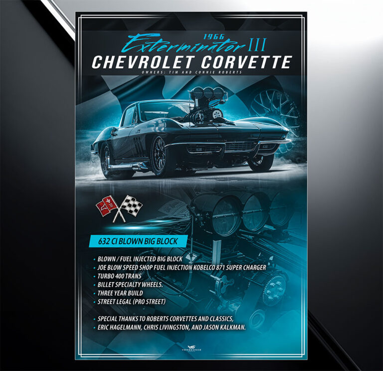Ignition car show board design for 1966 Coevy corvette with vehicle specs and modification list
