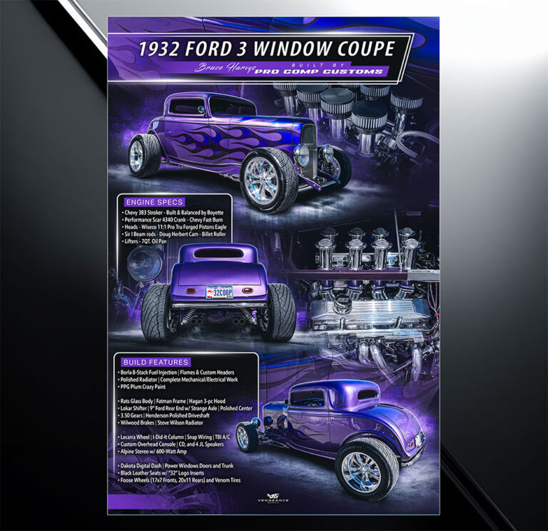 Custom car show board design for 1932 ford 3 window coupe with vehicle specs and modification list