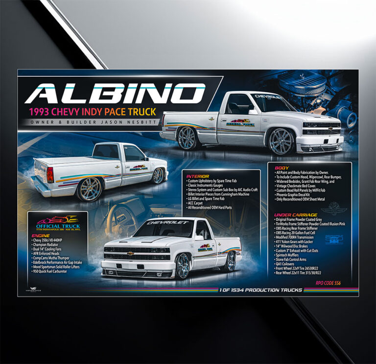 Custom car show board design for 1993 Chevy Indy Pace Truck with vehicle specs and modification list