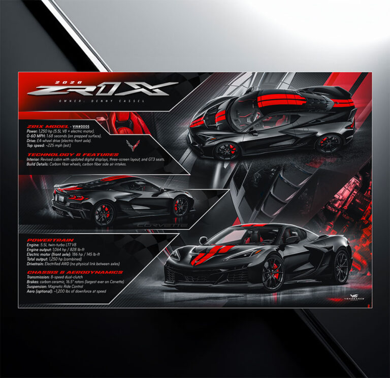 Custom car show board design for Corvette ZR1X with vehicle specs and modification list