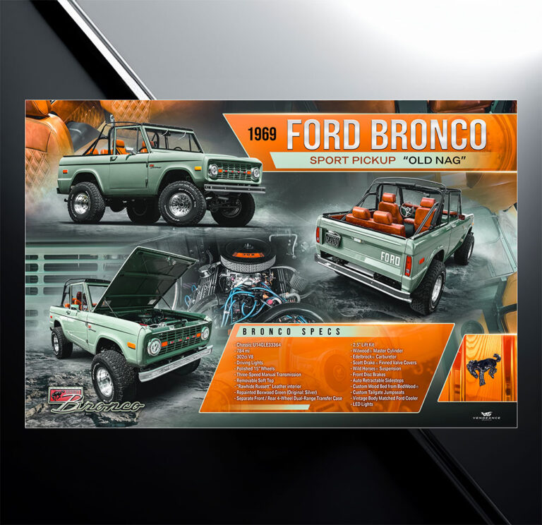Custom car show board design for 1969 Ford Bronco with vehicle specs and modification list