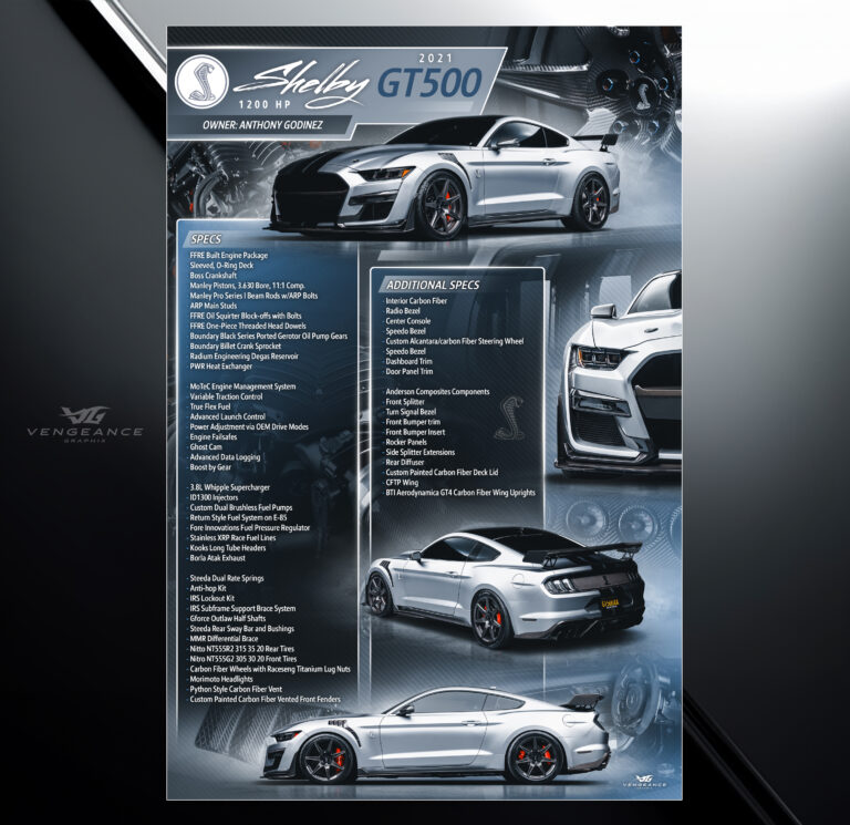 Custom car show board design for 2021 shelby mustang with flames and with vehicle specs and modification list
