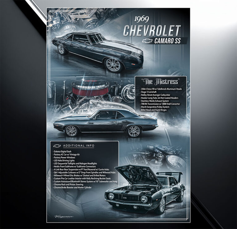Custom show board design for 1969 Camaro SS with vehicle specs and modification list
