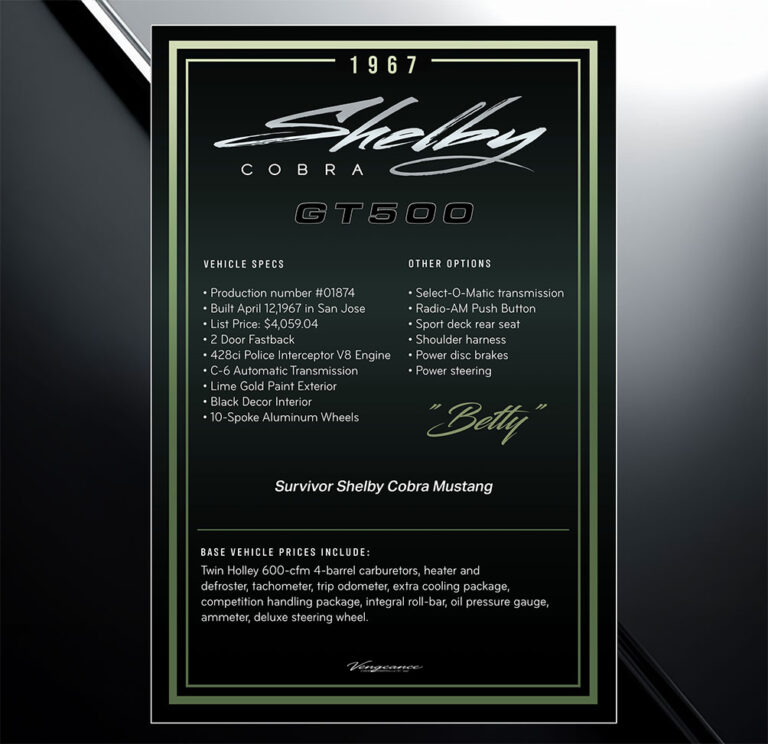 1967 shelby cobra car show board with specs and modifications