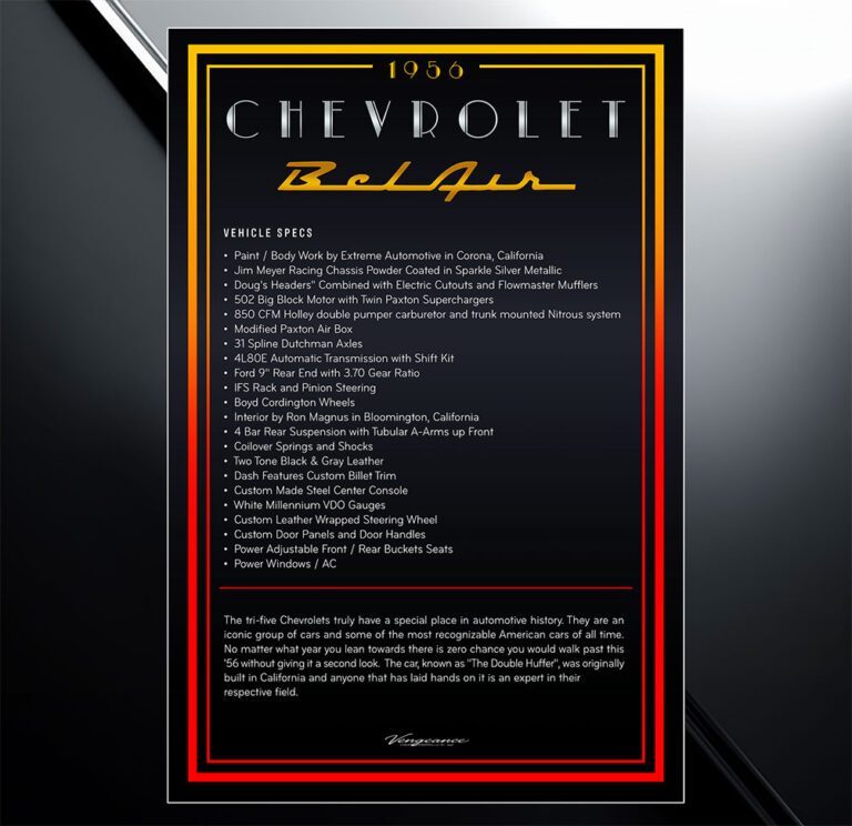 1956 Chevy bel air car show board with specs and modifications