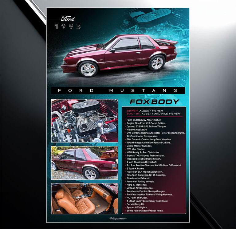 Showroom show board design for 1966 ford mustang with vehicle specs and modification list