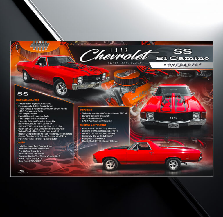 Custom show board design for 1972 El Camino with vehicle specs and modification list