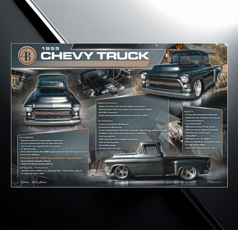 1955 Chevy Truck car show board with specs and modifications