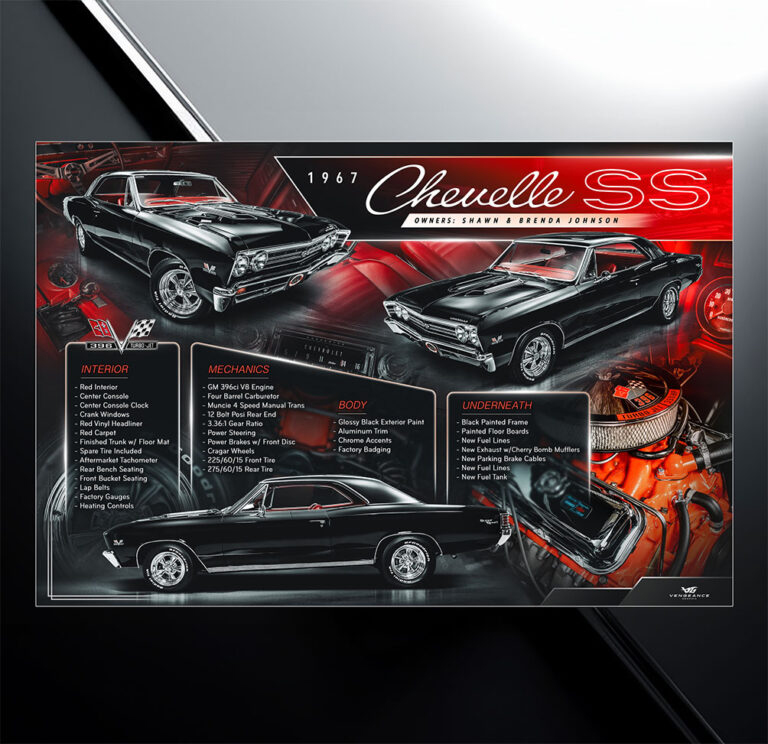 A personalized display designed to bring your vehicle photos and information together in a cohesive composition. Best for enthusiasts who want a more involved design that showcases the vehicle’s details and story.