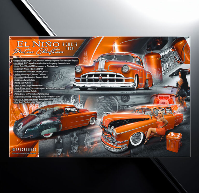 Custom show board design for 1950 Pontiac Chieftain custom chopper with vehicle specs and modification list