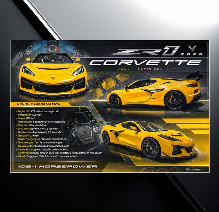 Custom show board design for 2026 Zr1 custom with vehicle specs and modification list