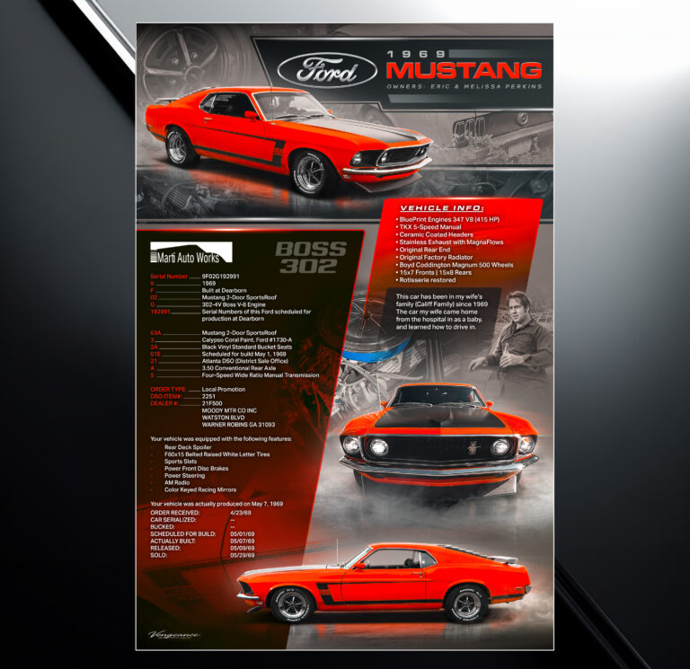 Custom show board design for 1969 Mustang Boss 302 custom with vehicle specs and modification list